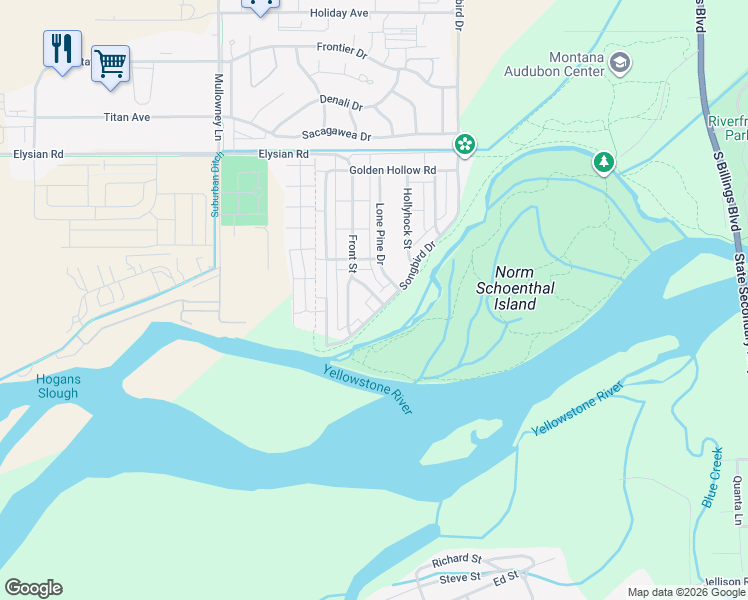 map of restaurants, bars, coffee shops, grocery stores, and more near 1848 Songbird Drive in Billings