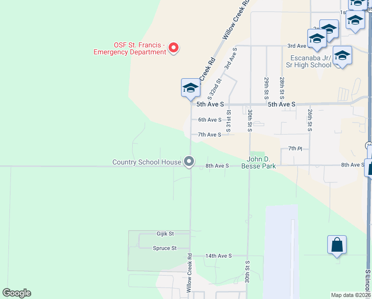 map of restaurants, bars, coffee shops, grocery stores, and more near Willow Creek Road in Escanaba