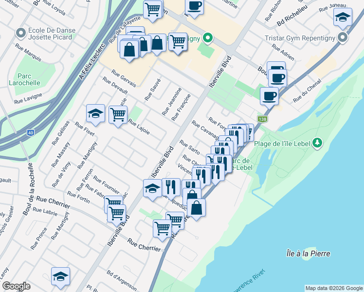 map of restaurants, bars, coffee shops, grocery stores, and more near 82 Rue Vincent in Repentigny