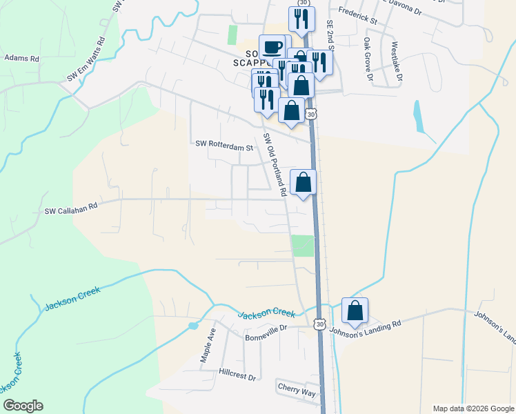 map of restaurants, bars, coffee shops, grocery stores, and more near 33422 Southwest Callahan Road in Scappoose