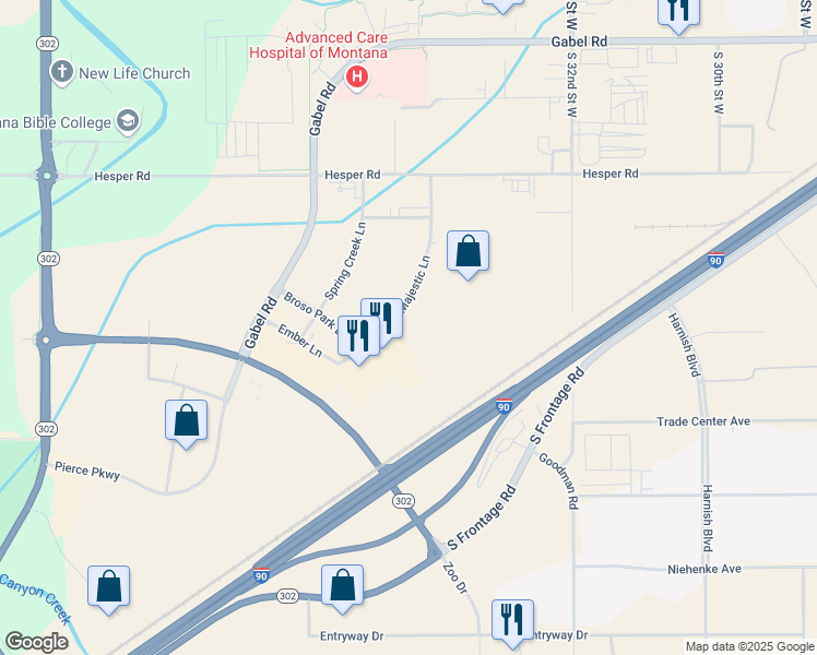 map of restaurants, bars, coffee shops, grocery stores, and more near 1785 Majestic Lane in Billings
