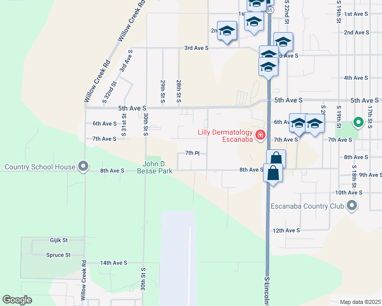 map of restaurants, bars, coffee shops, grocery stores, and more near 2701 7th Place in Escanaba