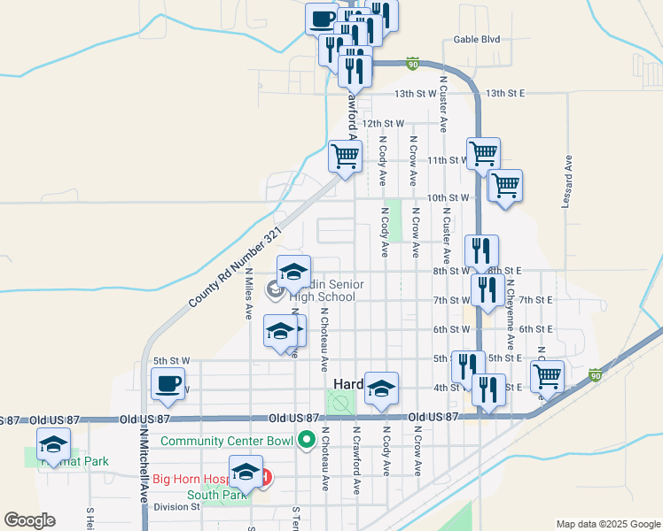 map of restaurants, bars, coffee shops, grocery stores, and more near 425 8th Street West in Hardin