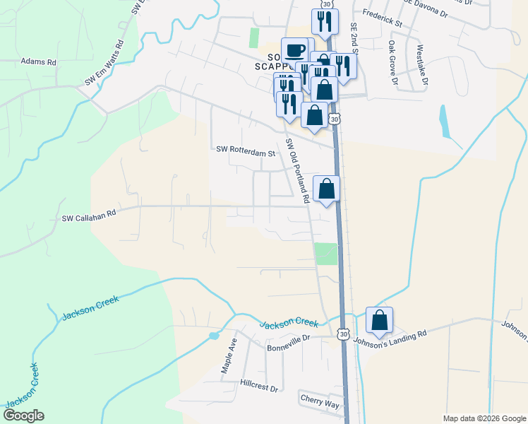 map of restaurants, bars, coffee shops, grocery stores, and more near 51093 Southwest Amsterdam Lane in Scappoose