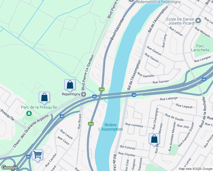 map of restaurants, bars, coffee shops, grocery stores, and more near 4 Rue Odilon in Repentigny