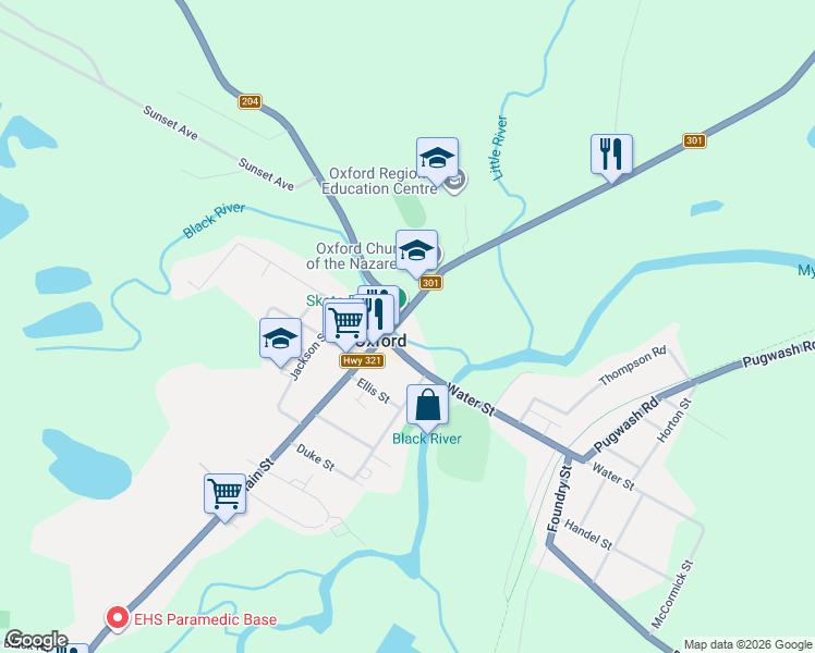map of restaurants, bars, coffee shops, grocery stores, and more near 136 Lower Main Street in Oxford
