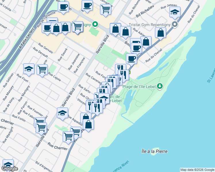 map of restaurants, bars, coffee shops, grocery stores, and more near 402 Rue Fleur de Lys in Repentigny