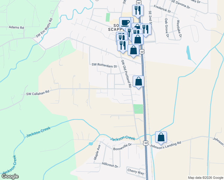 map of restaurants, bars, coffee shops, grocery stores, and more near 51097 Southwest Amsterdam Lane in Scappoose