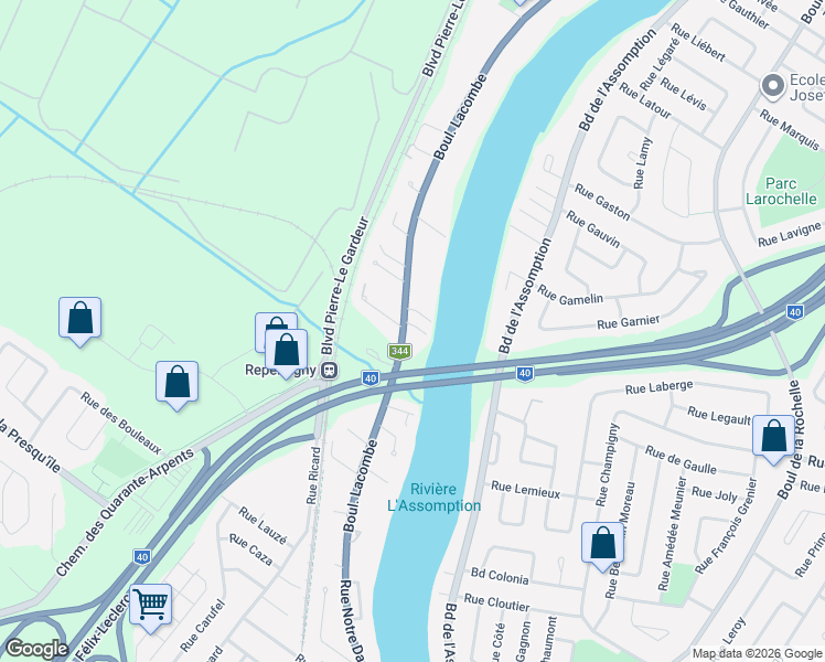 map of restaurants, bars, coffee shops, grocery stores, and more near 76 Boulevard Lacombe in Repentigny