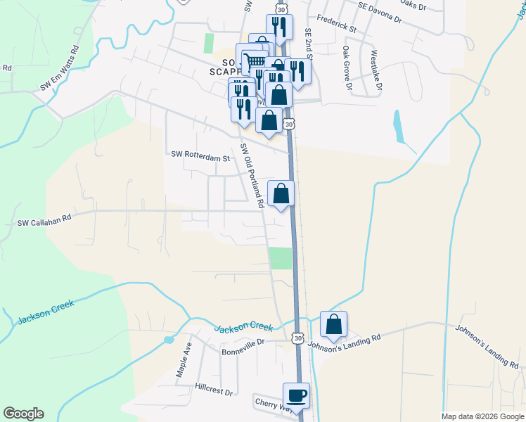 map of restaurants, bars, coffee shops, grocery stores, and more near 51084 Southwest Old Portland Road in Scappoose