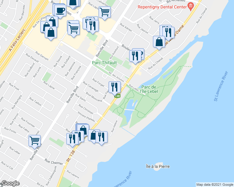 map of restaurants, bars, coffee shops, grocery stores, and more near 411 Rue Notre Dame in Repentigny