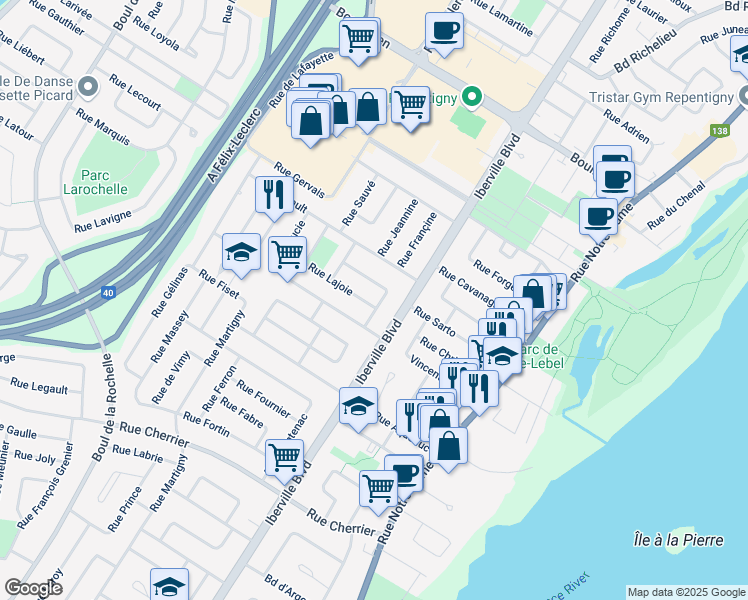 map of restaurants, bars, coffee shops, grocery stores, and more near 10 Rue Normand in Repentigny