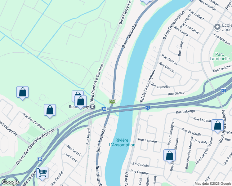 map of restaurants, bars, coffee shops, grocery stores, and more near 78 Boulevard Lacombe in Repentigny