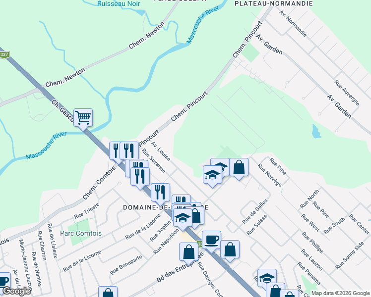 map of restaurants, bars, coffee shops, grocery stores, and more near Avenue Louise in Mascouche