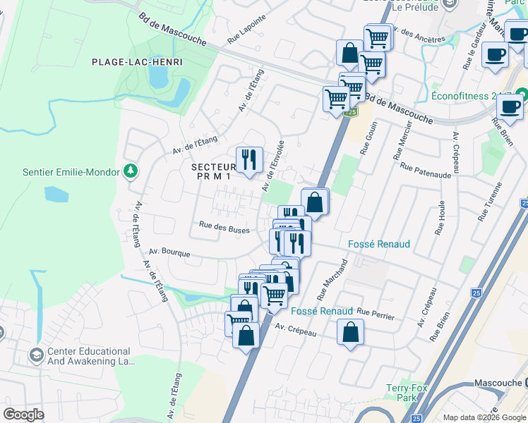 map of restaurants, bars, coffee shops, grocery stores, and more near 635 Avenue de l'Envolée in Mascouche