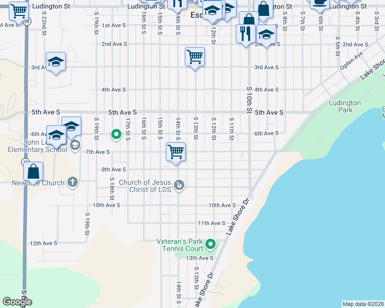 map of restaurants, bars, coffee shops, grocery stores, and more near 800 13th Street South in Escanaba
