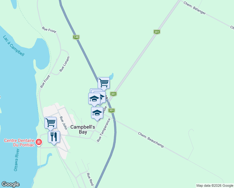 map of restaurants, bars, coffee shops, grocery stores, and more near Québec 301 in Outaouais