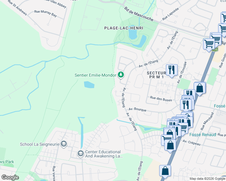 map of restaurants, bars, coffee shops, grocery stores, and more near 506 Place du Martinet in Mascouche