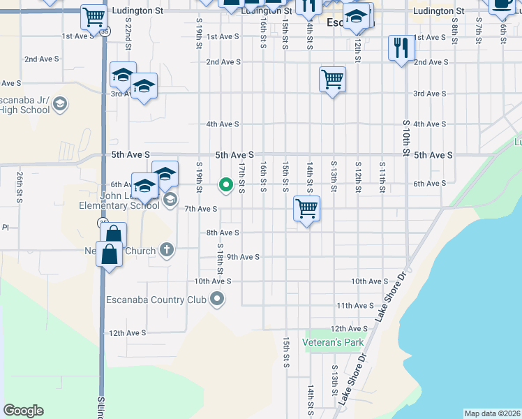 map of restaurants, bars, coffee shops, grocery stores, and more near 800-898 16th Street South in Escanaba