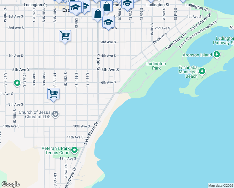 map of restaurants, bars, coffee shops, grocery stores, and more near 829-899 Lake Shore Drive in Escanaba