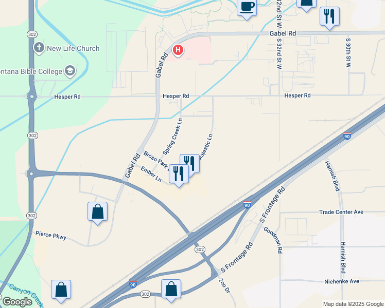 map of restaurants, bars, coffee shops, grocery stores, and more near 1766 Majestic Lane in Billings