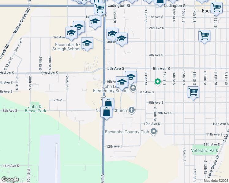 map of restaurants, bars, coffee shops, grocery stores, and more near 2207 6th Avenue South in Escanaba