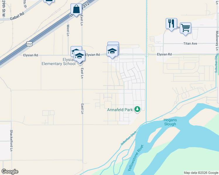 map of restaurants, bars, coffee shops, grocery stores, and more near 1619 East Lane in Billings