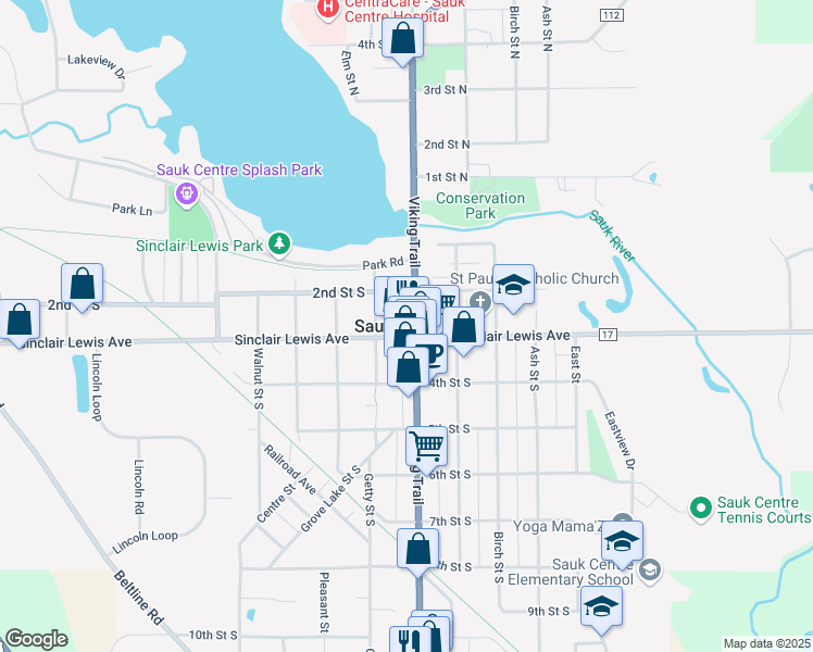 map of restaurants, bars, coffee shops, grocery stores, and more near 500 Sinclair Lewis Avenue in Sauk Centre