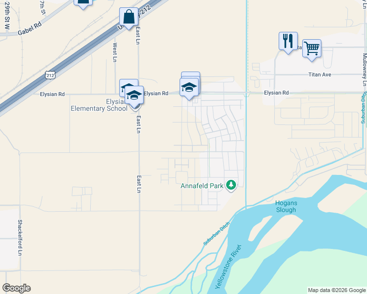 map of restaurants, bars, coffee shops, grocery stores, and more near 1619 East Lane in Billings