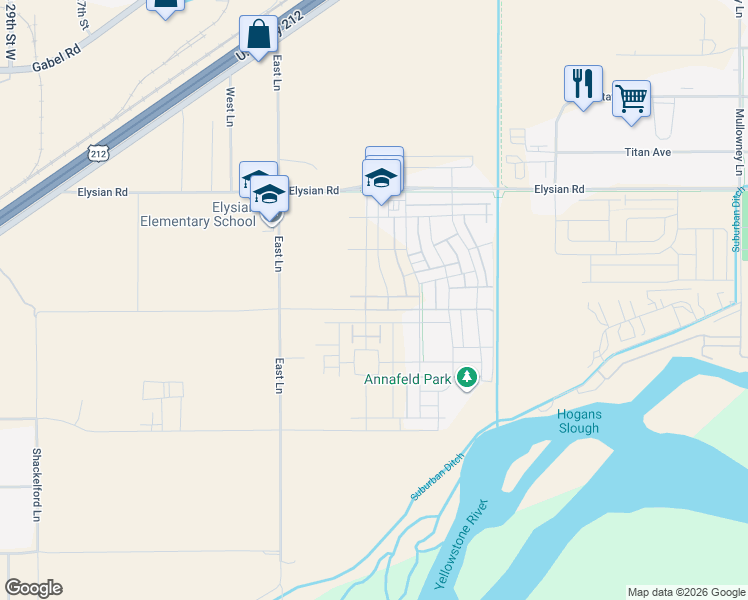 map of restaurants, bars, coffee shops, grocery stores, and more near 1619 East Lane in Billings