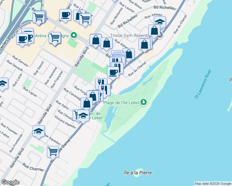 map of restaurants, bars, coffee shops, grocery stores, and more near 430 Rue Notre-Dame in Repentigny