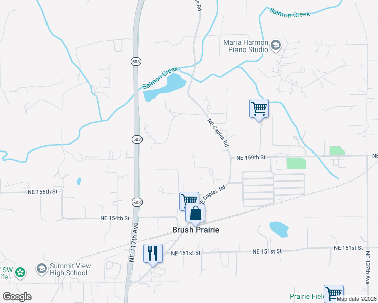 map of restaurants, bars, coffee shops, grocery stores, and more near 12218 Northeast 158th Street in Brush Prairie