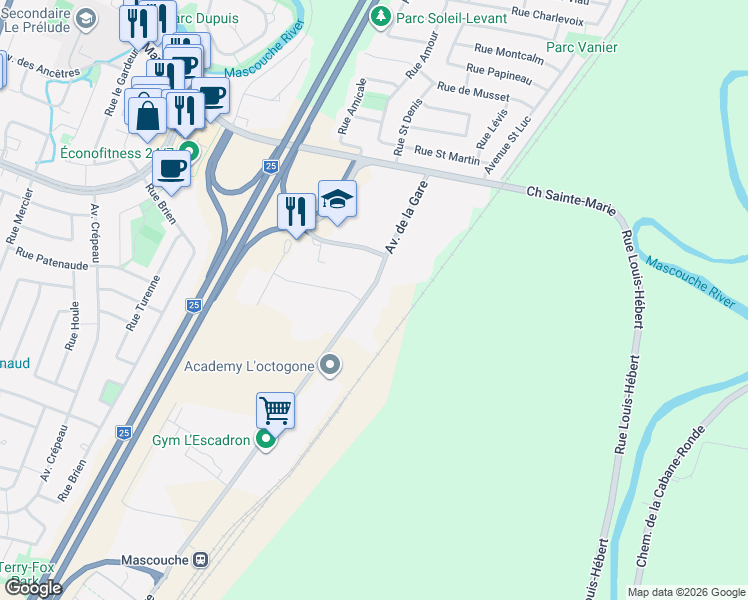 map of restaurants, bars, coffee shops, grocery stores, and more near 1320 Avenue de la Gare in Mascouche