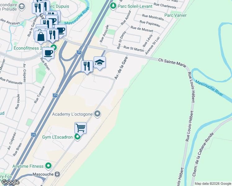map of restaurants, bars, coffee shops, grocery stores, and more near 1320 Avenue de la Gare in Mascouche