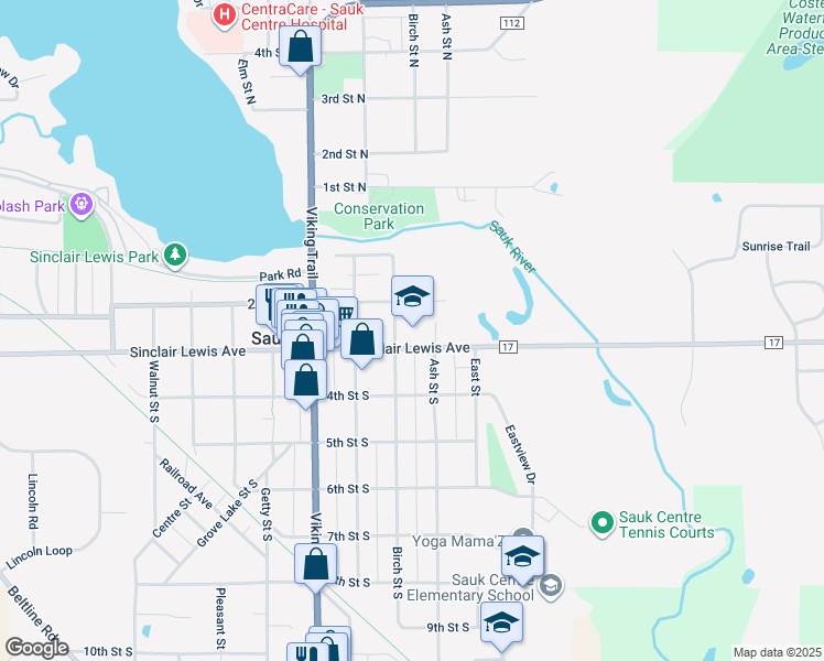 map of restaurants, bars, coffee shops, grocery stores, and more near 233 Birch Street South in Sauk Centre