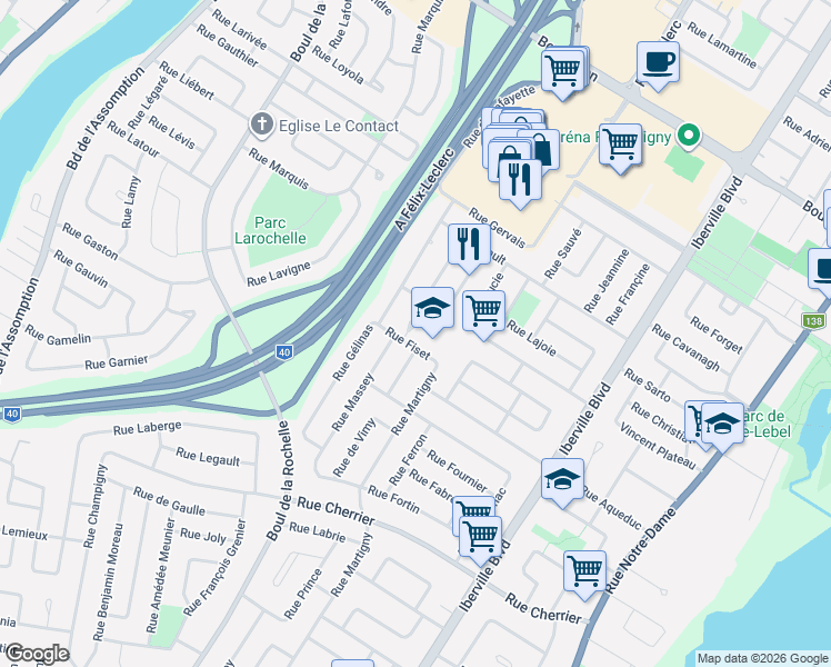 map of restaurants, bars, coffee shops, grocery stores, and more near 55 Place Fiset in Repentigny