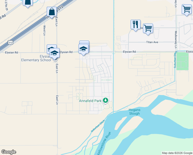 map of restaurants, bars, coffee shops, grocery stores, and more near 1619 East Lane in Billings