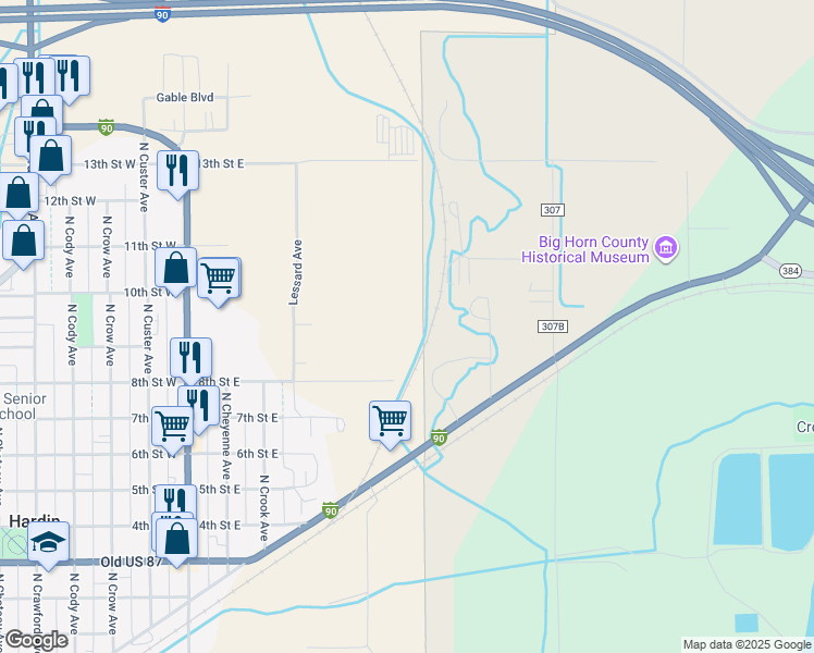map of restaurants, bars, coffee shops, grocery stores, and more near 425 8th Street West in Hardin