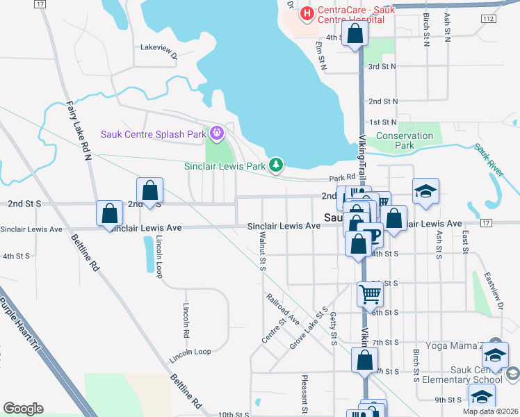 map of restaurants, bars, coffee shops, grocery stores, and more near 206 Walnut Street South in Sauk Centre