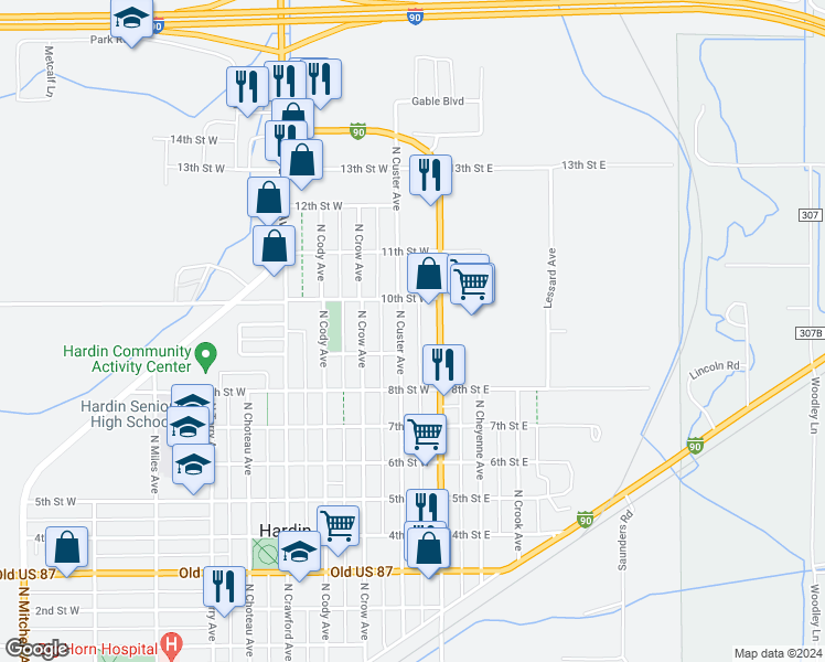 map of restaurants, bars, coffee shops, grocery stores, and more near 909 North Custer Avenue in Hardin