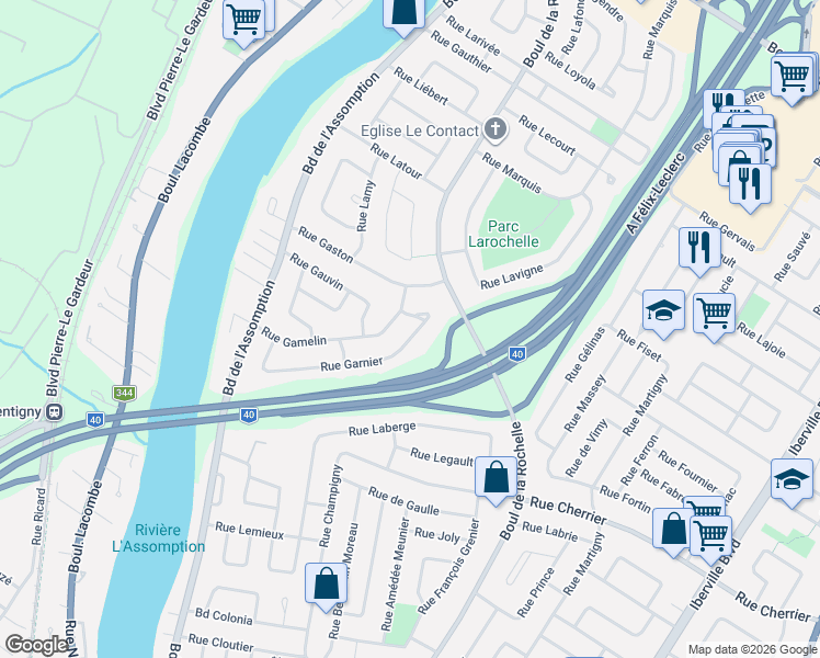 map of restaurants, bars, coffee shops, grocery stores, and more near 199 Rue Garnier in Repentigny