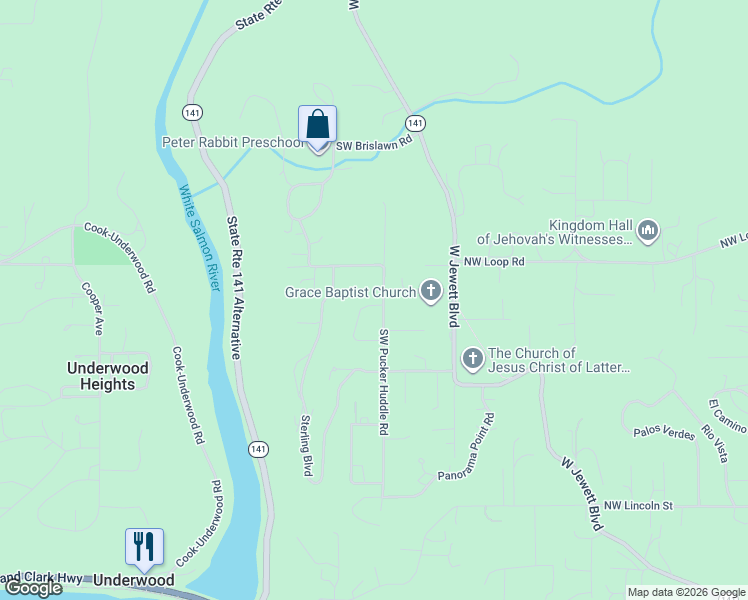 map of restaurants, bars, coffee shops, grocery stores, and more near 1280 Southwest Pucker Huddle Road in White Salmon