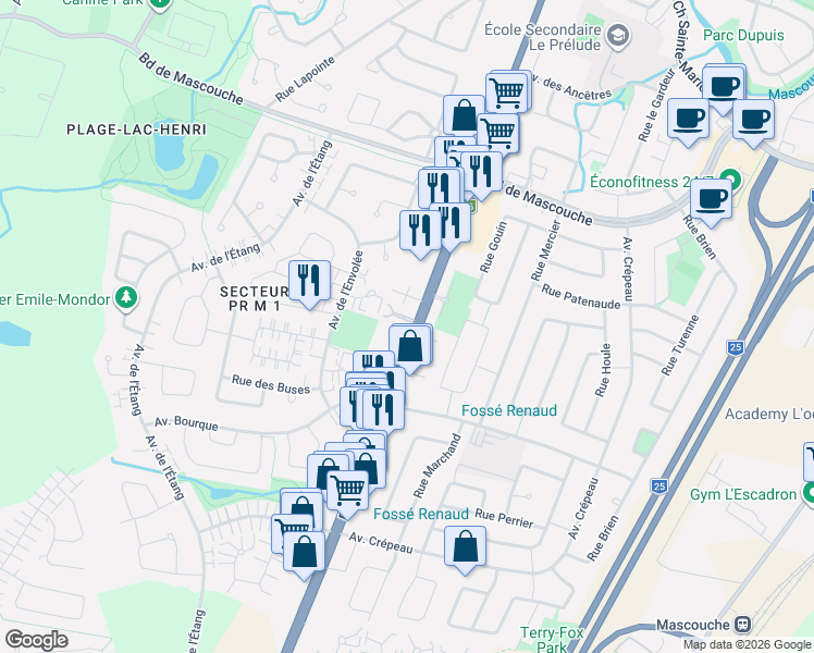 map of restaurants, bars, coffee shops, grocery stores, and more near 670 Montée Masson in Mascouche