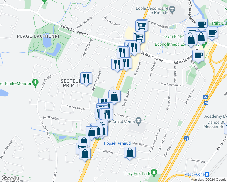map of restaurants, bars, coffee shops, grocery stores, and more near 670 Montée Masson in Mascouche