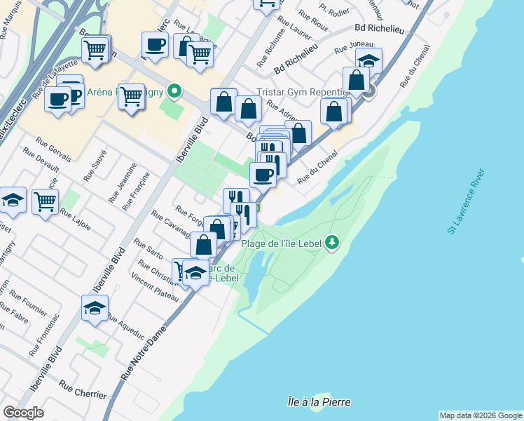 map of restaurants, bars, coffee shops, grocery stores, and more near 436 Rue Notre Dame in Repentigny