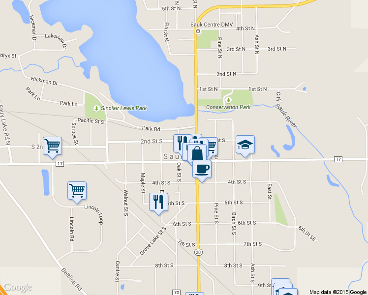 map of restaurants, bars, coffee shops, grocery stores, and more near in Sauk Centre