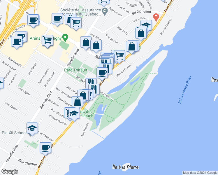 map of restaurants, bars, coffee shops, grocery stores, and more near 434 Rue Notre-Dame in Repentigny