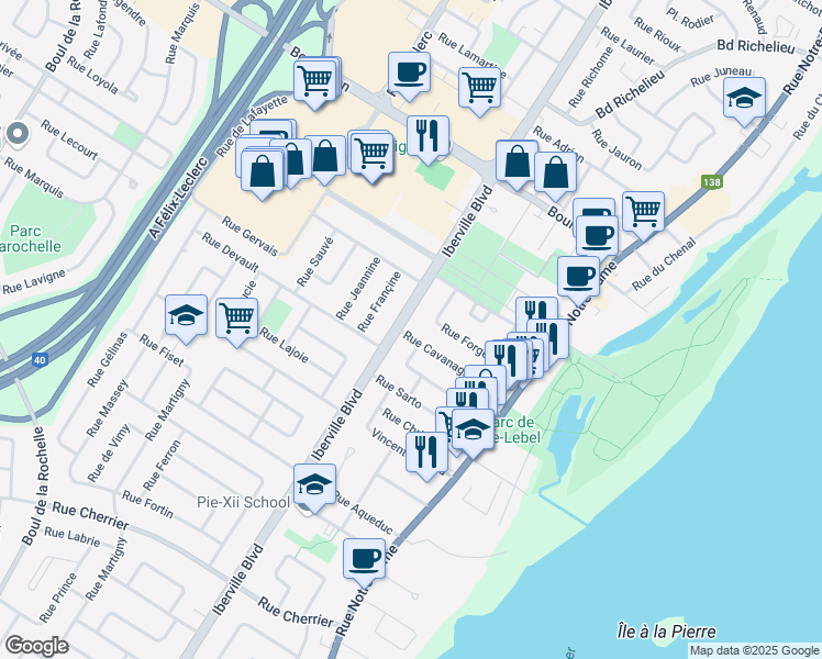 map of restaurants, bars, coffee shops, grocery stores, and more near 57 Rue Cavanagh in Repentigny