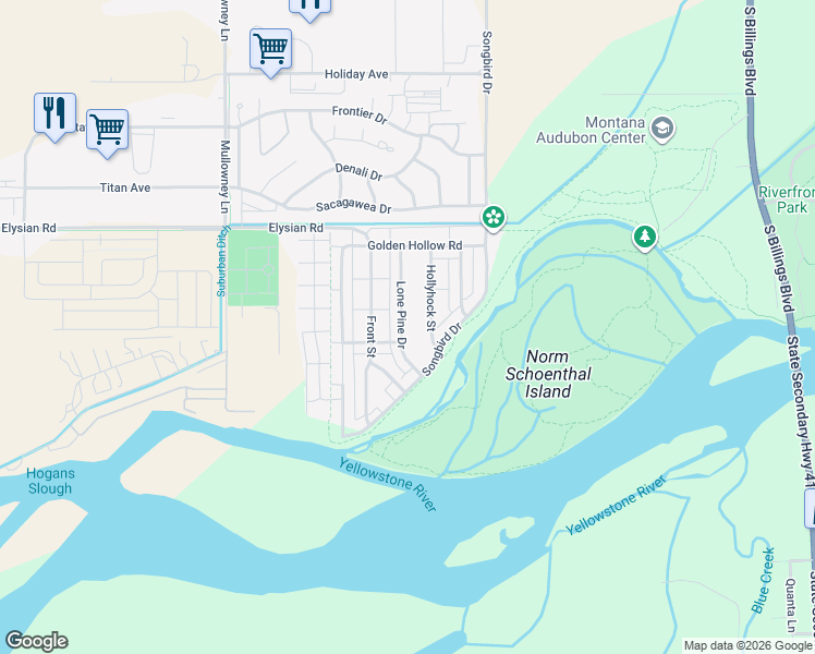 map of restaurants, bars, coffee shops, grocery stores, and more near 1727 Lone Pine Drive in Billings