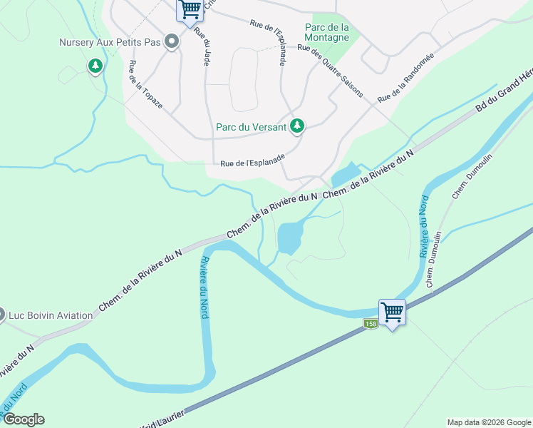 map of restaurants, bars, coffee shops, grocery stores, and more near 1 Chemin de la Rivière du Nord in Mirabel